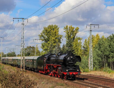 Eine schwarze WFL Dampflok fährt durch eine sommerliche Landschaft. Es ist eine WFL Sonderfahrt und aus den Wagons schauen winkende Fahrgäste.