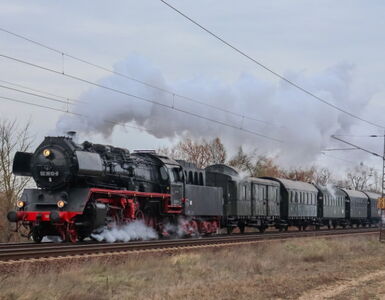 WFL Dampflokzug mit historischen Wagons fährt bei voller Fahrt und Dampf durch Landschaft