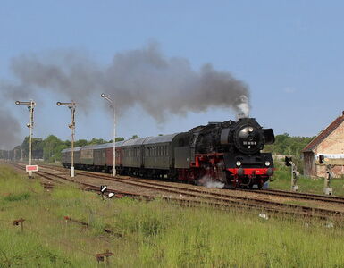 WFL Dampflokzug mit historischen Wagons fährt bei voller Fahrt und Dampf durch Landschaft