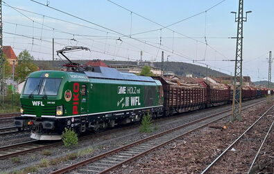 Eine grün-blaue WFL-Lok-BR 248 Vectron Dual mit vielen angehängten Güterwagen transportiert Holzstämme.